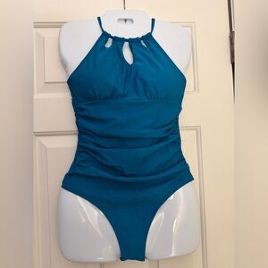 Teal Ruched One Piece Swimsuit | Halter Keyhole Front | Open Back | Size s